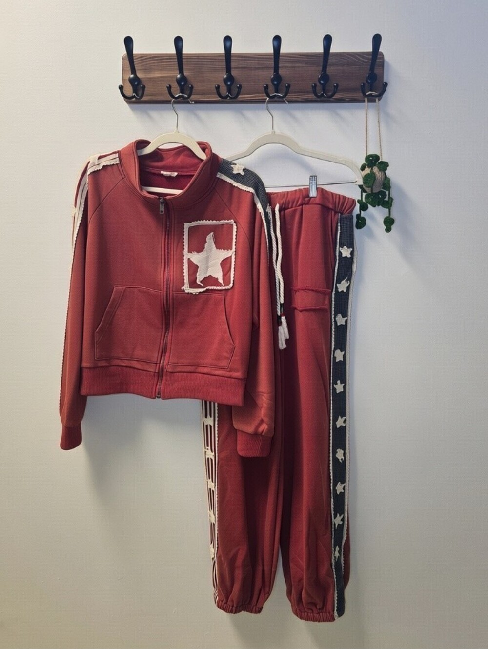 POL Star Patchwork Track Suit Set - Red Orange Zip-up Jacket & Wide Leg Joggers